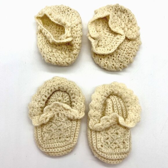 Handmade Other - Crochet Baby Booties Newborn Infant 2 Pairs Ivory Handmade